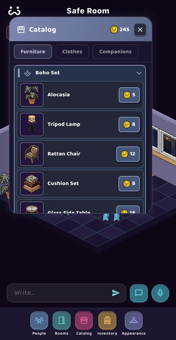 The Wevo catalog showing pixel-art furniture with coin prices.
