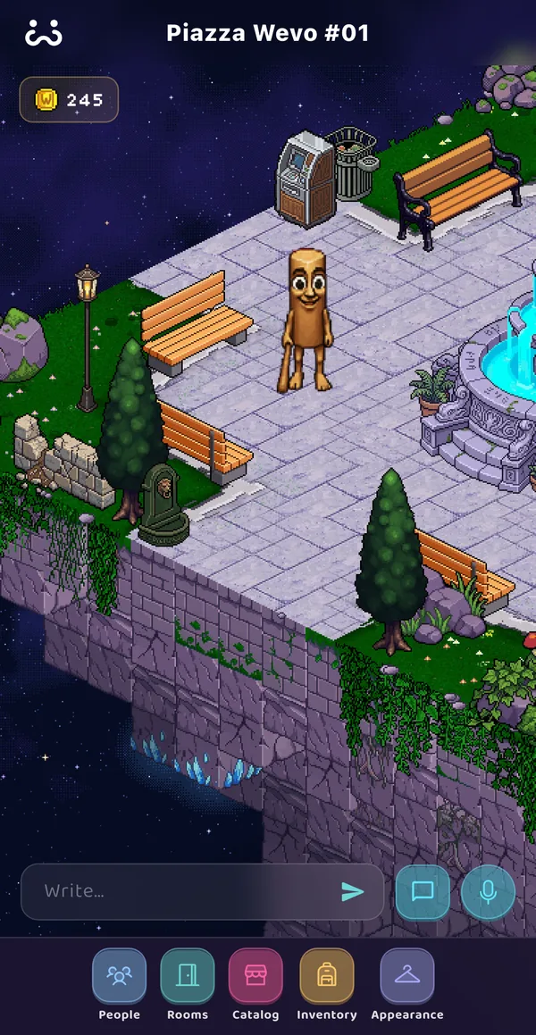The Wevo plaza in pixel art, with benches, trees, a fountain and an avatar.