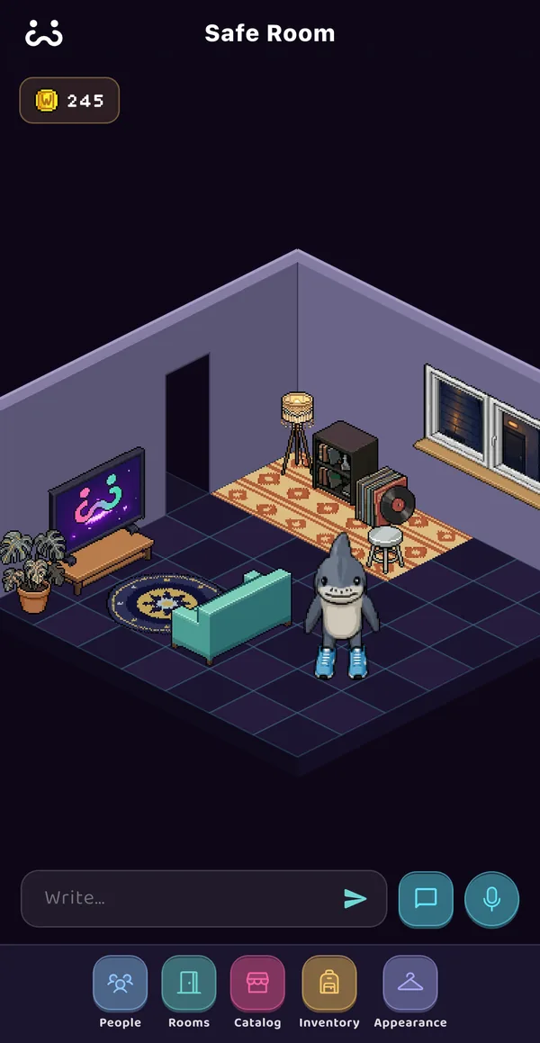 An isometric pixel-art room with a sofa, TV, lamp, records and an avatar.