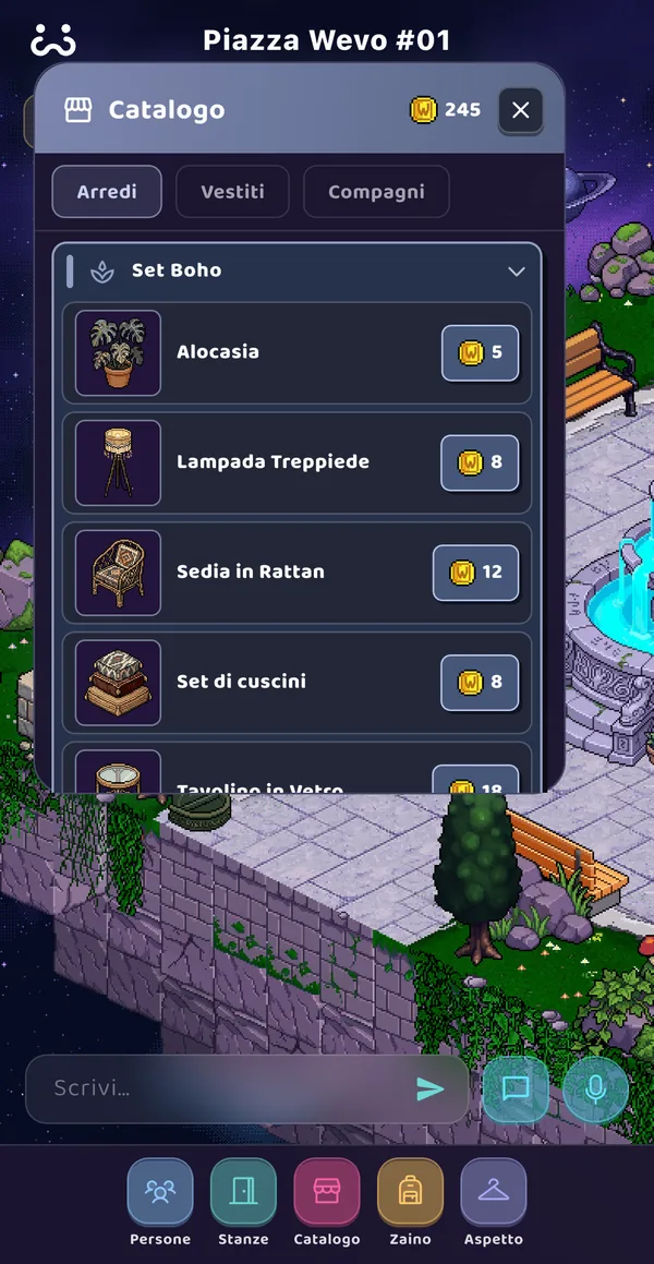 Il catalogo di Wevo con arredi in pixel art e il loro prezzo in coin.