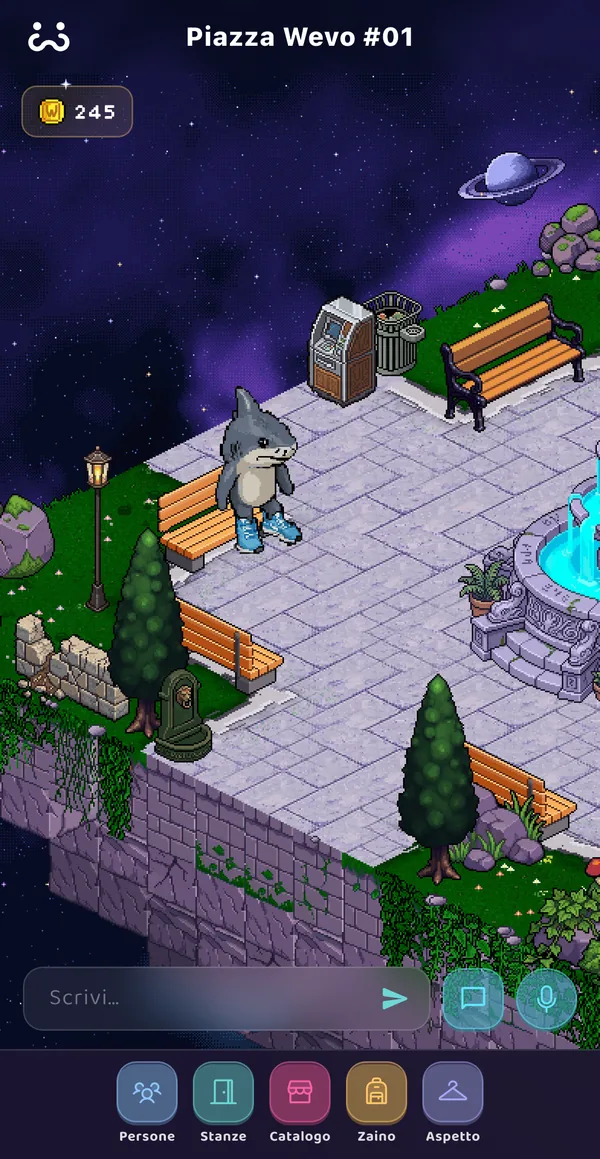 La piazza di Wevo in pixel art, con panchine, alberi, una fontana e un avatar.