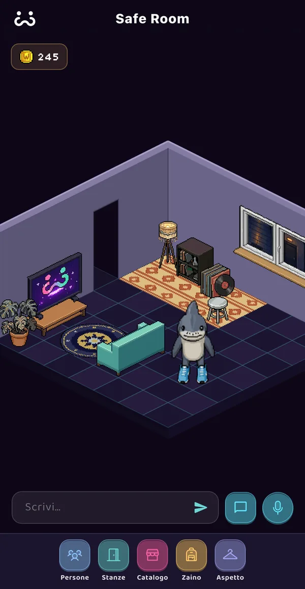 Una stanza isometrica in pixel art con divano, TV, lampada, dischi e un avatar.