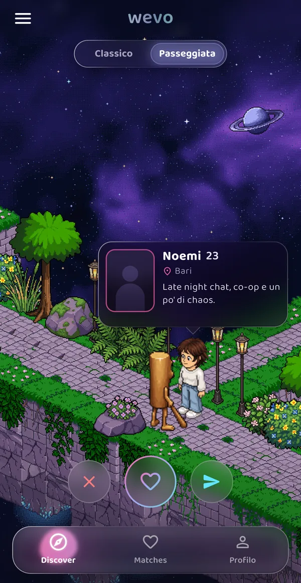 La Passeggiata di Wevo: due avatar in pixel art su una passerella sospesa nel cielo, con la scheda di una persona da conoscere.